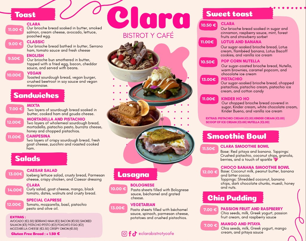 Clara Bistrot y Café food menu in English