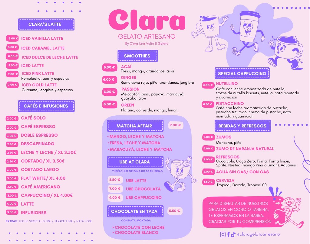 Carta de bebidas de Clara Gelato Artesano