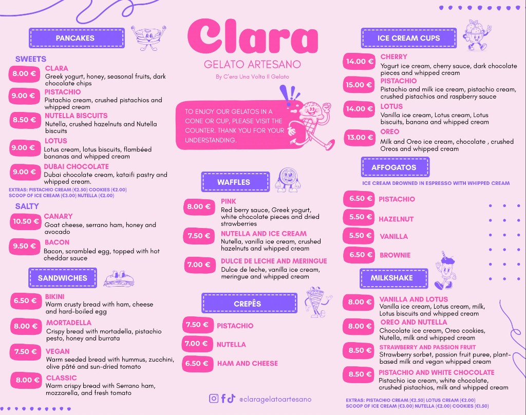 Clara Gelato Artesano food menu in English