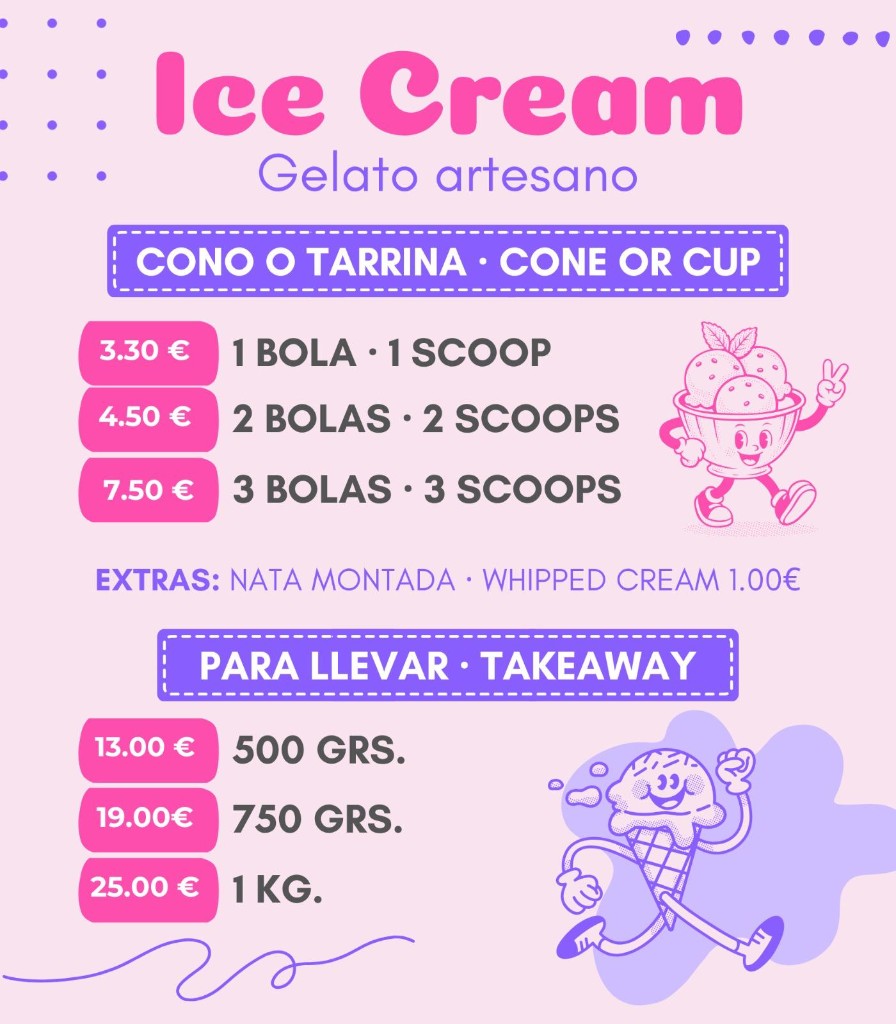 Precios de cono, tarrina y para llevar
